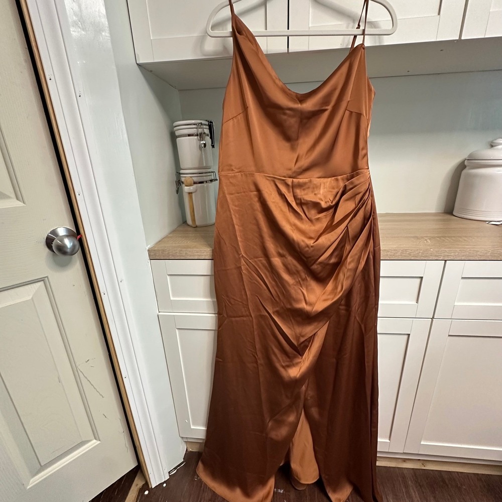 Birdy Grey Dress Women L Rust Satin Maxi Gown Cowl Neck Prom Wedding Bridesmaid